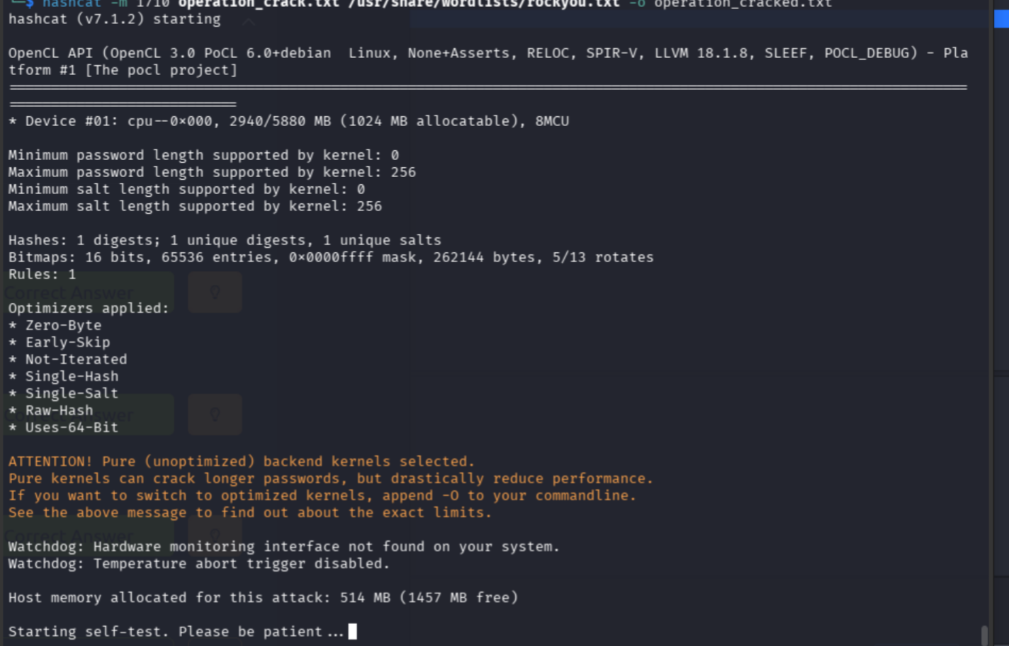 hashcat running against the hash:salt pair